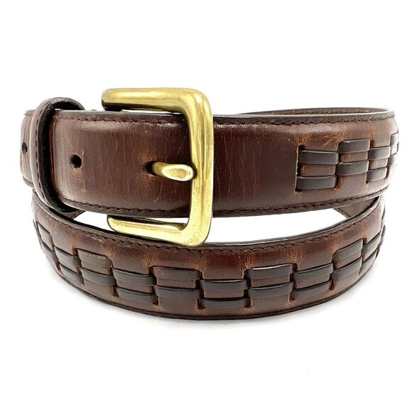 Woven Brown Leather Belt 34 Solid Brass Buckle Vintage Boho Western Streetwear - Picture 1 of 11